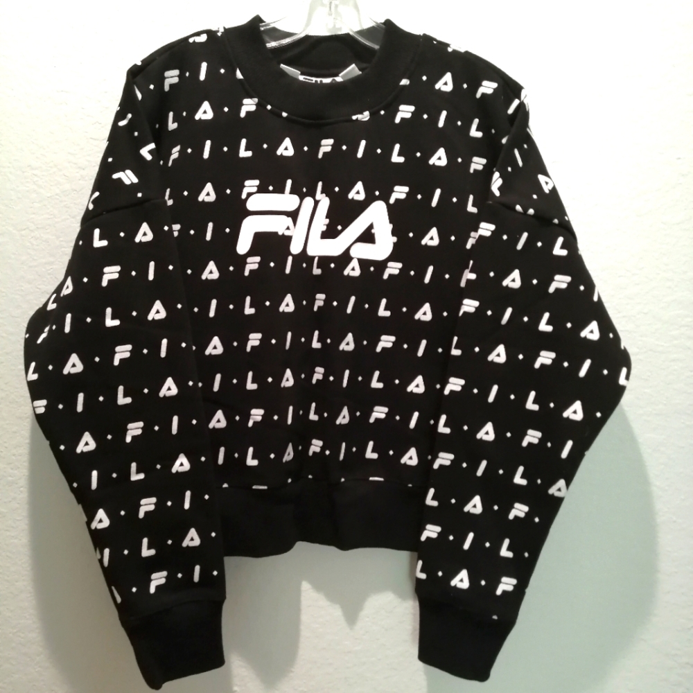 [NWOT] FILA Womens Sweatshirt Crop Top Pullover Black with Logo - Size L